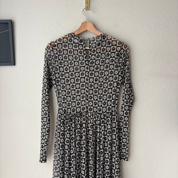 Dressed in Lala Dress Mesh Floral Checkered Long Sleeve Maxi Dress Black White S - Picture 7 of 8